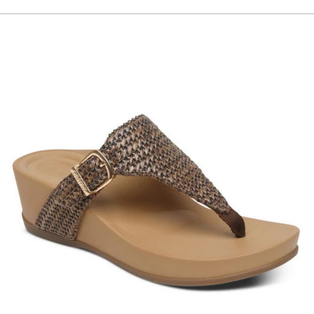 Aetrex Women's Kate Thong Wedge Sandal Brown Woven size 41/10